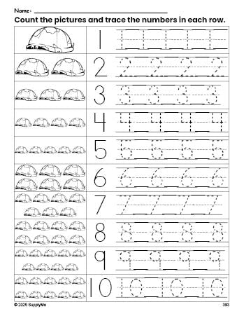 Free printable turtle counting worksheet for preschool and pre-k with number tracing practice 1-10, PDF