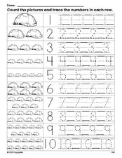 Free printable turtle counting worksheet for preschool and pre-k with number tracing practice 1-10, PDF