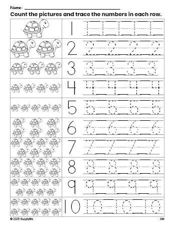 Free printable turtle counting worksheet for preschool and pre-k with number tracing practice 1-10, PDF