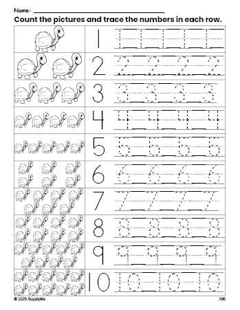 Free printable turtle counting worksheet for preschool and pre-k with number tracing practice 1-10, PDF