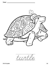 Free printable turtle St. Patrick's Day coloring page and cursive word tracing worksheet, perfect for preschool, pre-k, and kindergarten, PDF