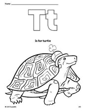 Free printable turtle St. Patrick's Day coloring page, letter t coloring page for preschool, pre-k, and kindergarten, PDF