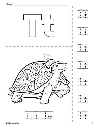 Free printable turtle St. Patrick's Day coloring page and letter tracing worksheet, letter t worksheet for preschool, pre-k, and kindergarten, PDF