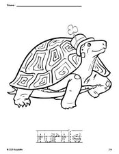 Free printable turtle St. Patrick's Day coloring page and word tracing worksheet, letter formation guides, perfect for preschool, pre-k, and kindergarten, PDF