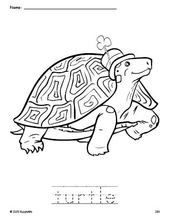 Free printable turtle St. Patrick's Day coloring page and word tracing worksheet, perfect for preschool, pre-k, and kindergarten, PDF