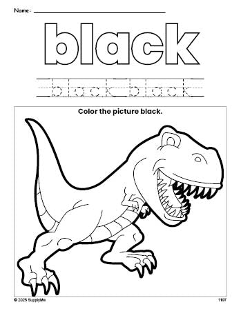 Free tyrannosaurus rex color black coloring page and color worksheet, black worksheet for preschoolers to learn colors, printable PDF