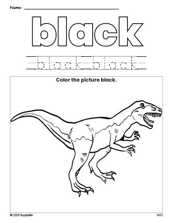 Free tyrannosaurus rex color black coloring page and color worksheet, black worksheet for preschoolers to learn colors, printable PDF