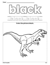 Free tyrannosaurus rex color black coloring page and color worksheet, black worksheet for preschoolers to learn colors, printable PDF