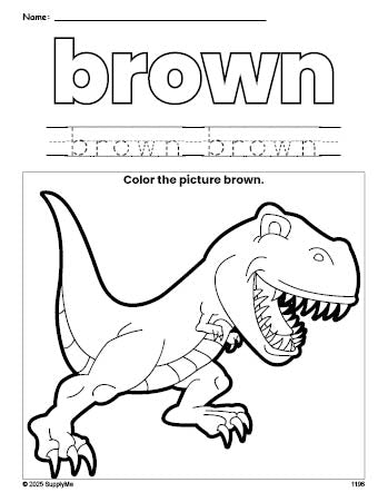 Free tyrannosaurus rex color brown coloring page and color worksheet, brown worksheet for preschoolers to learn colors, printable PDF