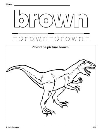 Free tyrannosaurus rex color brown coloring page and color worksheet, brown worksheet for preschoolers to learn colors, printable PDF