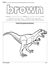 Free tyrannosaurus rex color brown coloring page and color worksheet, brown worksheet for preschoolers to learn colors, printable PDF