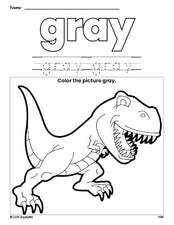 Free tyrannosaurus rex color gray coloring page and color worksheet, gray worksheet for preschoolers to learn colors, printable PDF