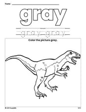 Free tyrannosaurus rex color gray coloring page and color worksheet, gray worksheet for preschoolers to learn colors, printable PDF