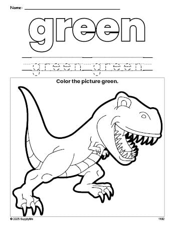 Free tyrannosaurus rex color green coloring page and color worksheet, green worksheet for preschoolers to learn colors, printable PDF