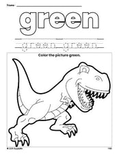 Free tyrannosaurus rex color green coloring page and color worksheet, green worksheet for preschoolers to learn colors, printable PDF