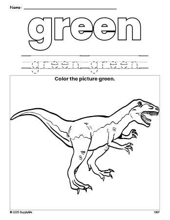 Free tyrannosaurus rex color green coloring page and color worksheet, green worksheet for preschoolers to learn colors, printable PDF