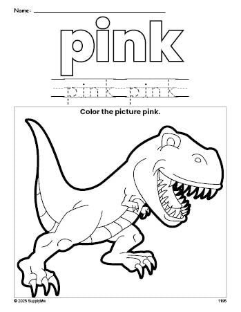 Free tyrannosaurus rex color pink coloring page and color worksheet, pink worksheet for preschoolers to learn colors, printable PDF