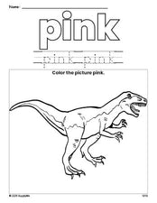 Free tyrannosaurus rex color pink coloring page and color worksheet, pink worksheet for preschoolers to learn colors, printable PDF