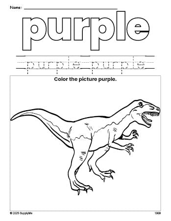 Free tyrannosaurus rex color purple coloring page and color worksheet, purple worksheet for preschoolers to learn colors, printable PDF