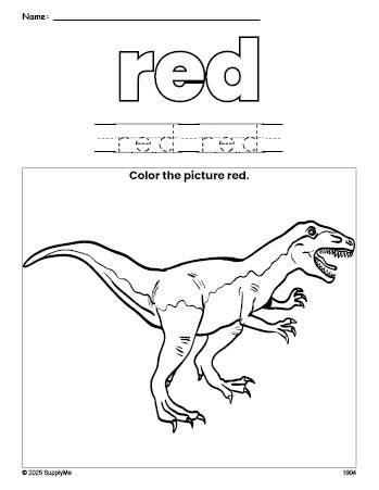 Free tyrannosaurus rex color red coloring page and color worksheet, red worksheet for preschoolers to learn colors, printable PDF