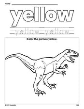 Free tyrannosaurus rex color yellow coloring page and color worksheet, yellow worksheet for preschoolers to learn colors, printable PDF