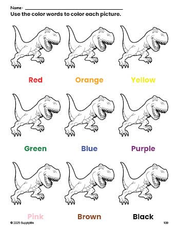 Free tyrannosaurus rex coloring page and color worksheet for preschoolers to learn colors, printable PDF