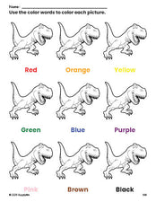 Free tyrannosaurus rex coloring page and color worksheet for preschoolers to learn colors, printable PDF