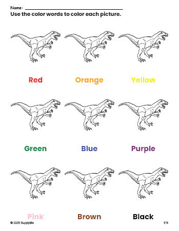 Free tyrannosaurus rex coloring page and color worksheet for preschoolers to learn colors, printable PDF