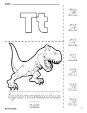 Free printable tyrannosaurus rex coloring page and cursive letter tracing worksheet, letter t worksheet for preschool, pre-k, and kindergarten, PDF