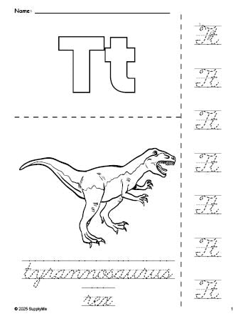 Free printable tyrannosaurus rex coloring page and cursive letter tracing worksheet, letter t worksheet for preschool, pre-k, and kindergarten, PDF