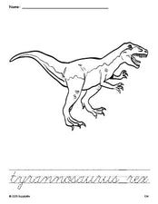 Free printable tyrannosaurus rex coloring page and cursive word tracing worksheet, perfect for preschool, pre-k, and kindergarten, PDF