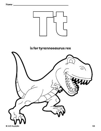 Free printable tyrannosaurus rex coloring page, letter t coloring page for preschool, pre-k, and kindergarten, PDF