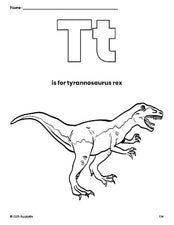 Free printable tyrannosaurus rex coloring page, letter t coloring page for preschool, pre-k, and kindergarten, PDF