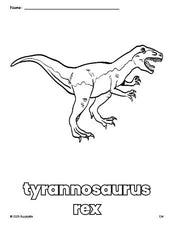 Free printable tyrannosaurus rex coloring page for preschool, pre-k, and kindergarten, PDF