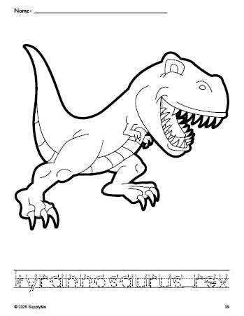 Free printable tyrannosaurus rex coloring page and word tracing worksheet, letter formation guides, perfect for preschool, pre-k, and kindergarten, PDF