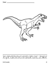 Free printable tyrannosaurus rex coloring page and word tracing worksheet, letter formation guides, perfect for preschool, pre-k, and kindergarten, PDF