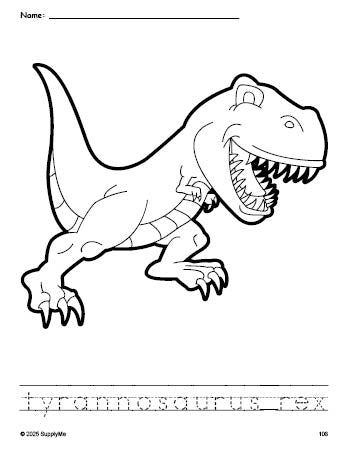 Free printable tyrannosaurus rex coloring page and word tracing worksheet, perfect for preschool, pre-k, and kindergarten, PDF