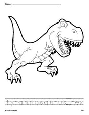 Free printable tyrannosaurus rex coloring page and word tracing worksheet, perfect for preschool, pre-k, and kindergarten, PDF