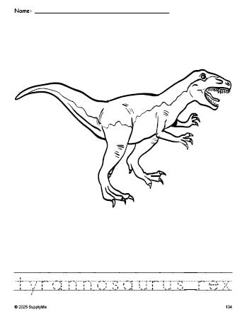 Free printable tyrannosaurus rex coloring page and word tracing worksheet, perfect for preschool, pre-k, and kindergarten, PDF