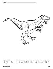 Free printable tyrannosaurus rex coloring page and word tracing worksheet, perfect for preschool, pre-k, and kindergarten, PDF