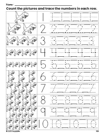 Free printable tyrannosaurus rex counting worksheet for preschool and pre-k with number tracing practice 1-10, PDF