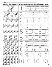 Free printable tyrannosaurus rex counting worksheet for preschool and pre-k with number tracing practice 1-10, PDF