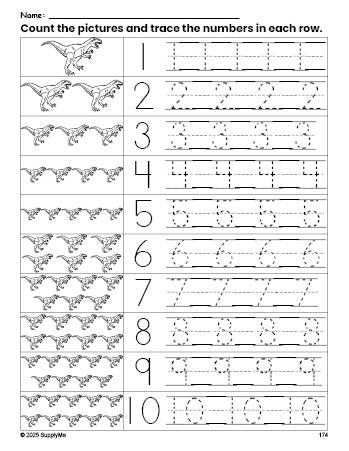 Free printable tyrannosaurus rex counting worksheet for preschool and pre-k with number tracing practice 1-10, PDF