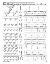 Free printable tyrannosaurus rex counting worksheet for preschool and pre-k with number tracing practice 1-10, PDF