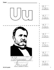 Free printable Ulysses S Grant Presidents' Day coloring page and cursive letter tracing worksheet, letter u worksheet for preschool, pre-k, and kindergarten, PDF