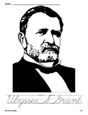 Free printable Ulysses S Grant Presidents' Day coloring page and cursive word tracing worksheet, perfect for preschool, pre-k, and kindergarten, PDF