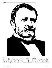 Free printable Ulysses S Grant Presidents' Day coloring page and word tracing worksheet, letter formation guides, perfect for preschool, pre-k, and kindergarten, PDF