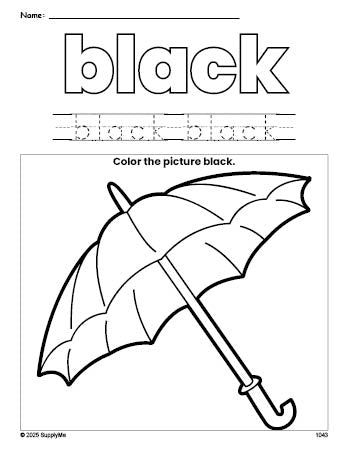 Free umbrella color black coloring page and color worksheet, black worksheet for preschoolers to learn colors, printable PDF