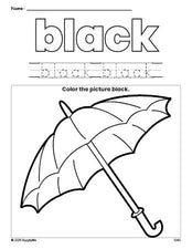 Free umbrella color black coloring page and color worksheet, black worksheet for preschoolers to learn colors, printable PDF