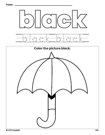 Free umbrella color black coloring page and color worksheet, black worksheet for preschoolers to learn colors, printable PDF